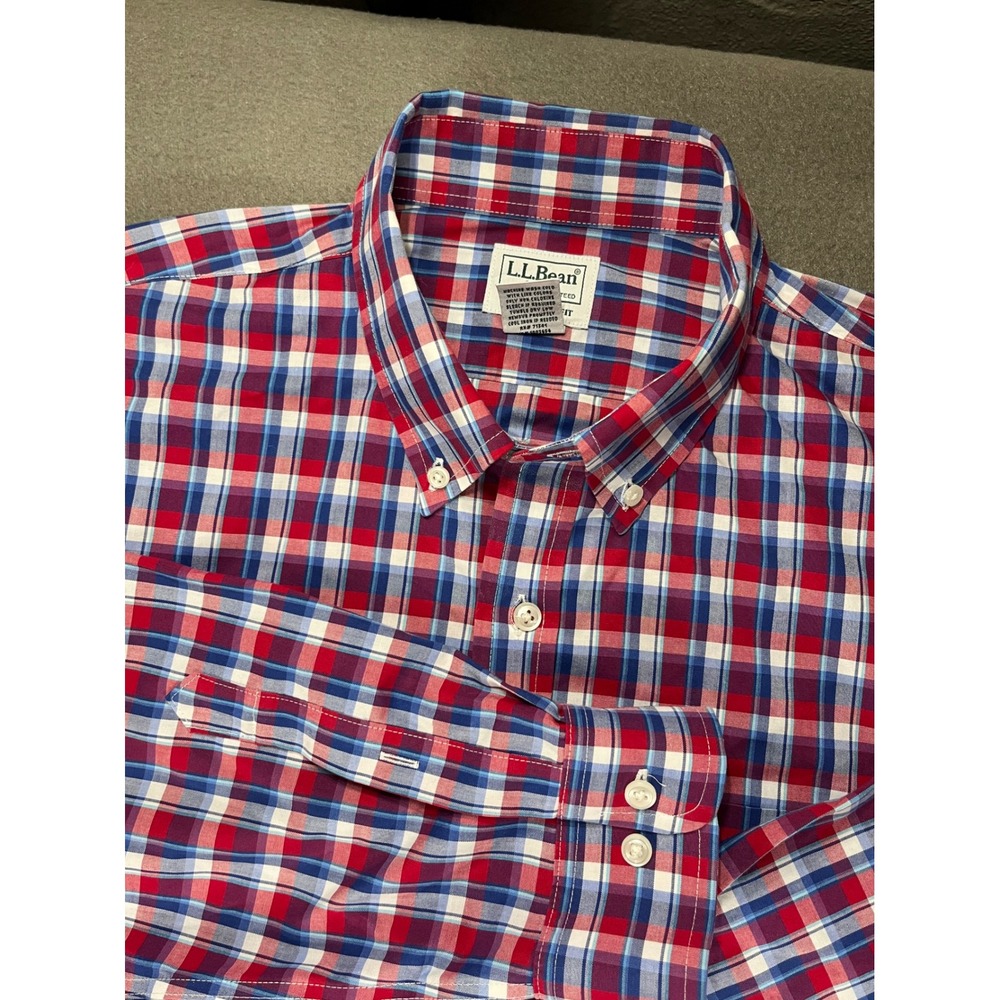 LL Bean Mens L-Tall Button Up 100% Cotton Traditional Fit Red Blue Plaid Shirt